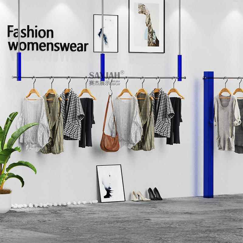 新款直销服装店展示架吊顶悬挂女装店货架克莱因蓝色不锈钢吊杆钢