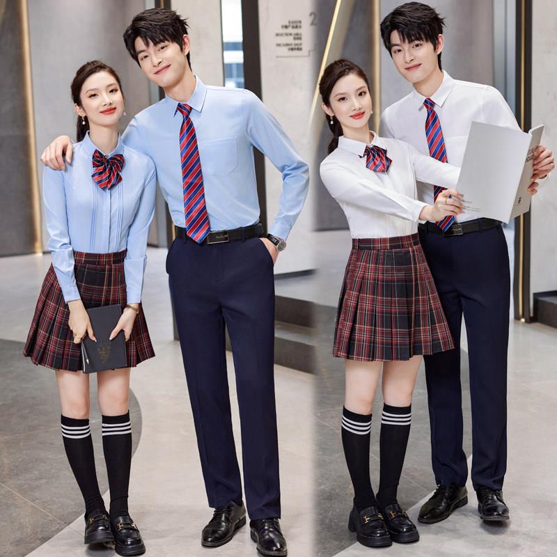 职业长袖衬衫男女工作服春秋学院风制服衬衣百褶裙套装班服校服