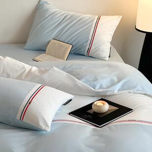 A类简约全棉绣花撞色拼接床上三四件套英伦风床单被套床笠床品1.8