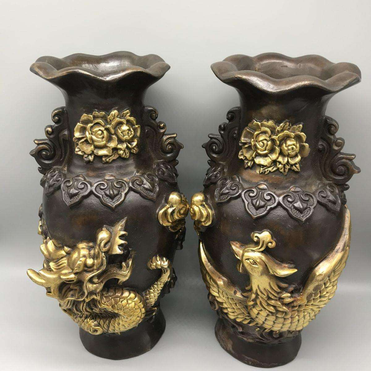 纯铜龙凤花瓶摆件仿古点金花瓶一对家居客厅工艺品装饰品摆设