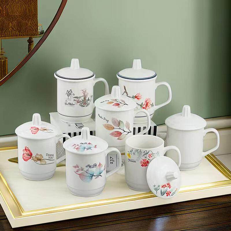 耐高温陶瓷盖杯单人杯好用中式茶杯泡花茶下午茶杯防爆耐用公司用