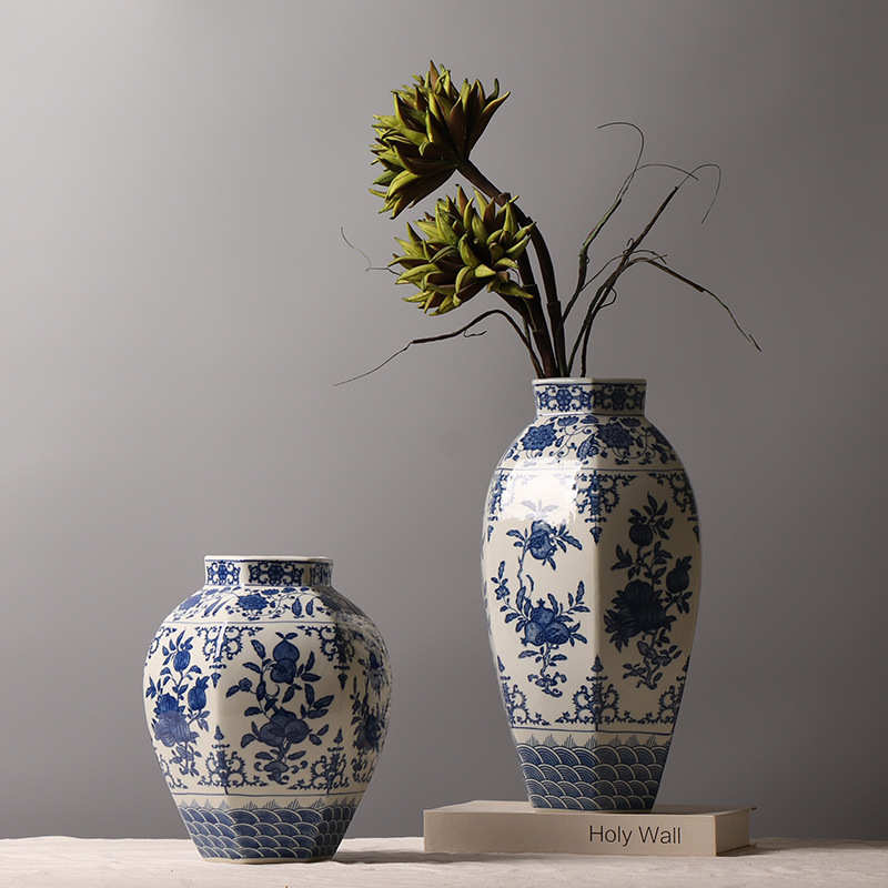 中式青花瓷海水纹折纸花果纹装饰品 陶瓷花瓶创意插花摆件 三件套