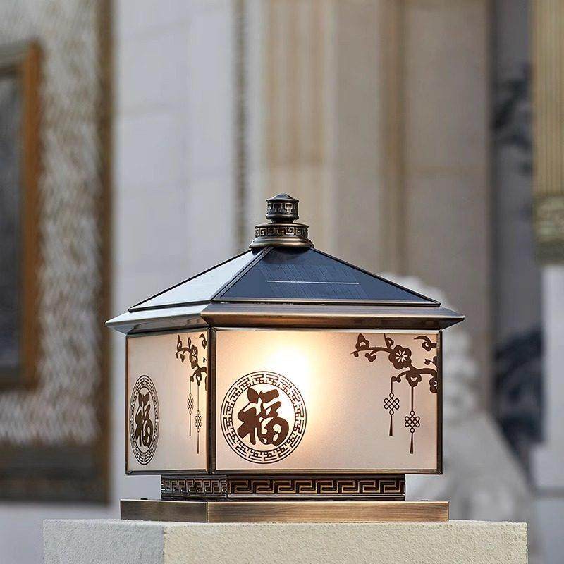 全铜太阳能柱子灯户外防水围墙灯别墅花园大门柱灯室外防水柱头灯