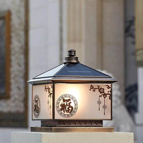 全铜太阳能柱子灯户外防水围墙灯别墅花园大门柱灯室外防水柱头灯