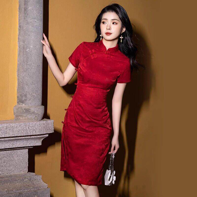 claudie pasey红色旗袍小个子显高显瘦旗开得胜妈妈穿的日常短款