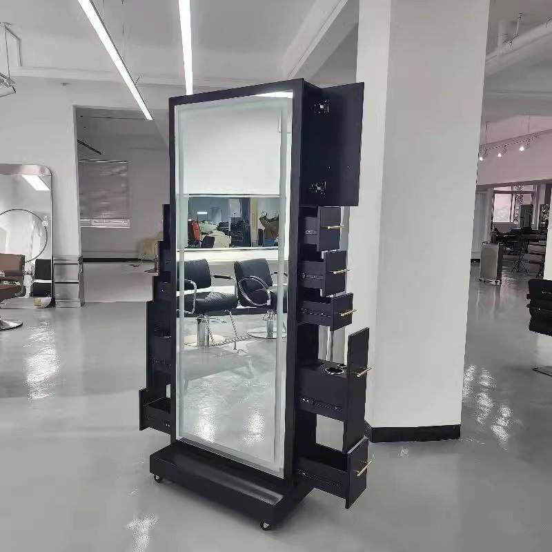 2025新款网红理发店镜子带灯带抽屉落地美发镜发廊专用可移动镜子