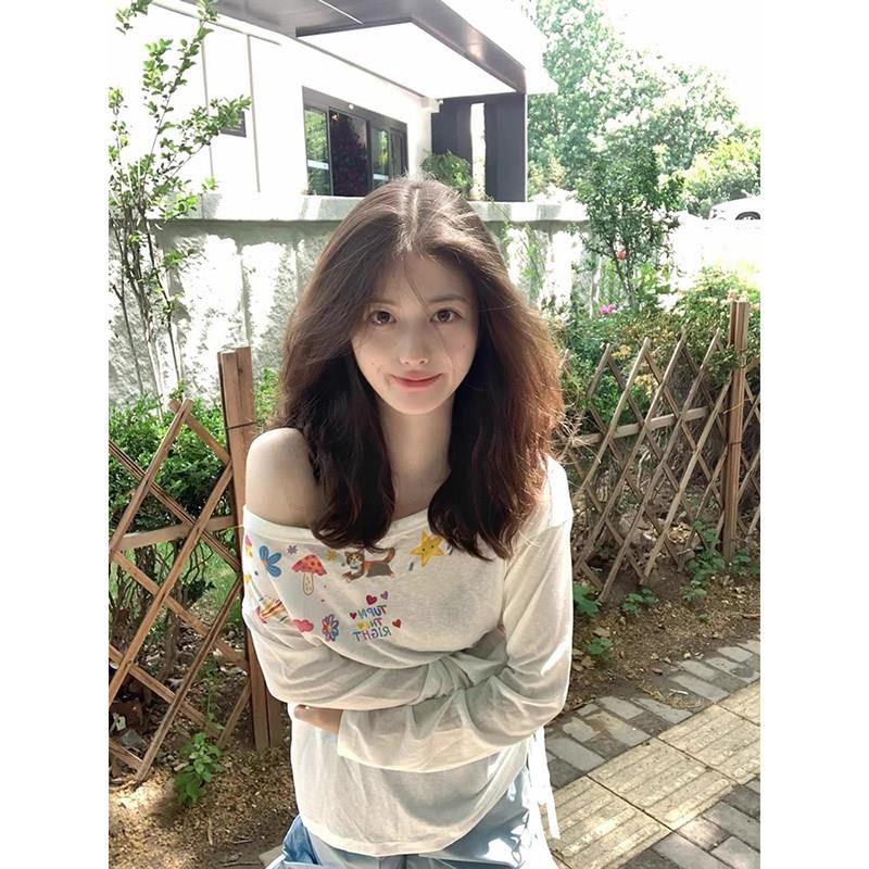 韩国EGG JRG彩绘涂鸦设计感斜肩罩衫长袖t恤早秋季宽松松弛感上衣
