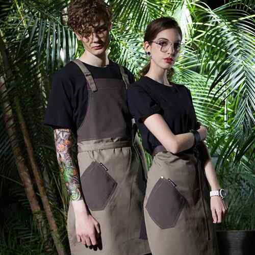 厨房围裙卡其色拼接设计餐厅工作服男咖啡师创意韩版时尚日式
