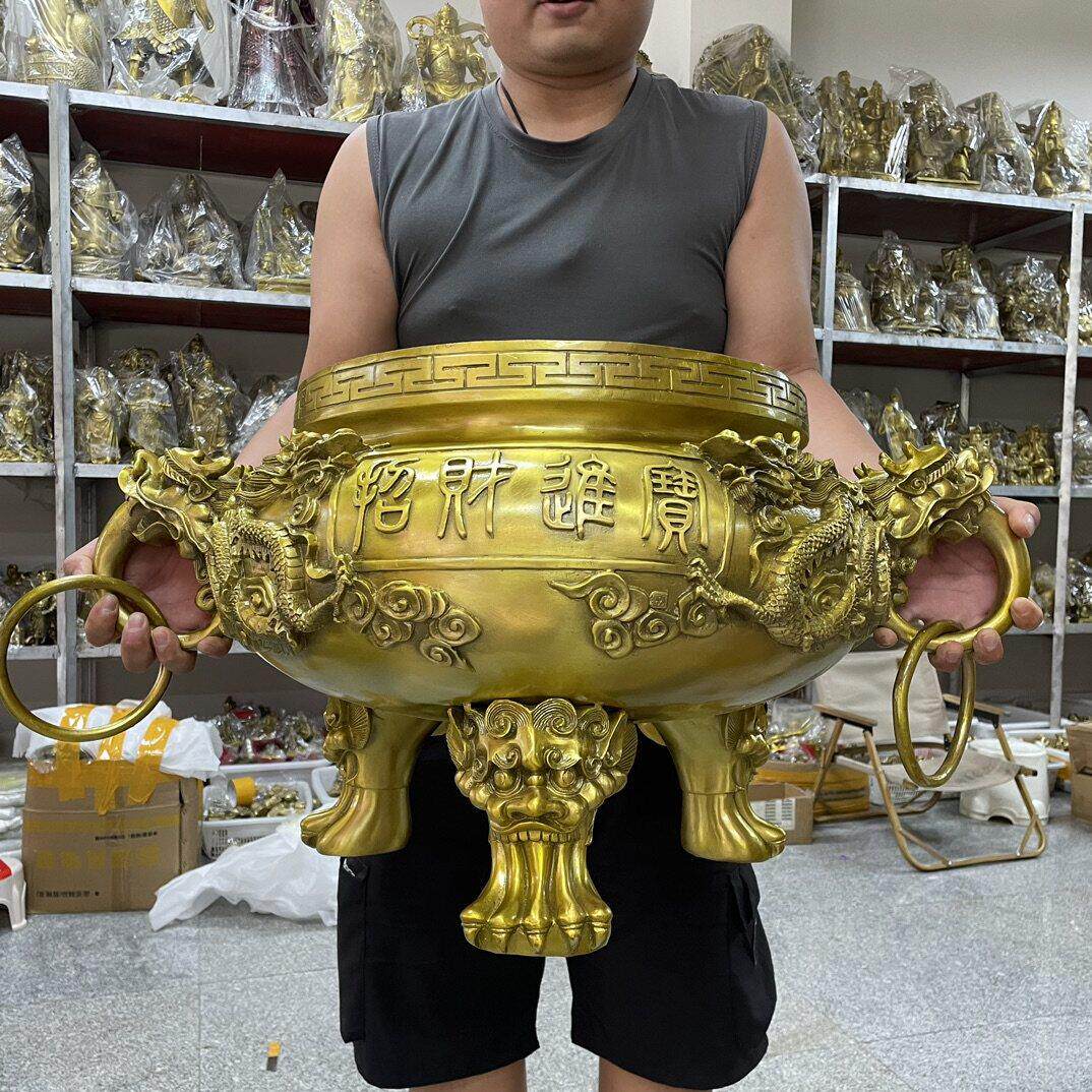 纯铜香炉家用摆件三足九龙大号寺庙祠堂寺院上香黄铜鼎炉供奉祖先