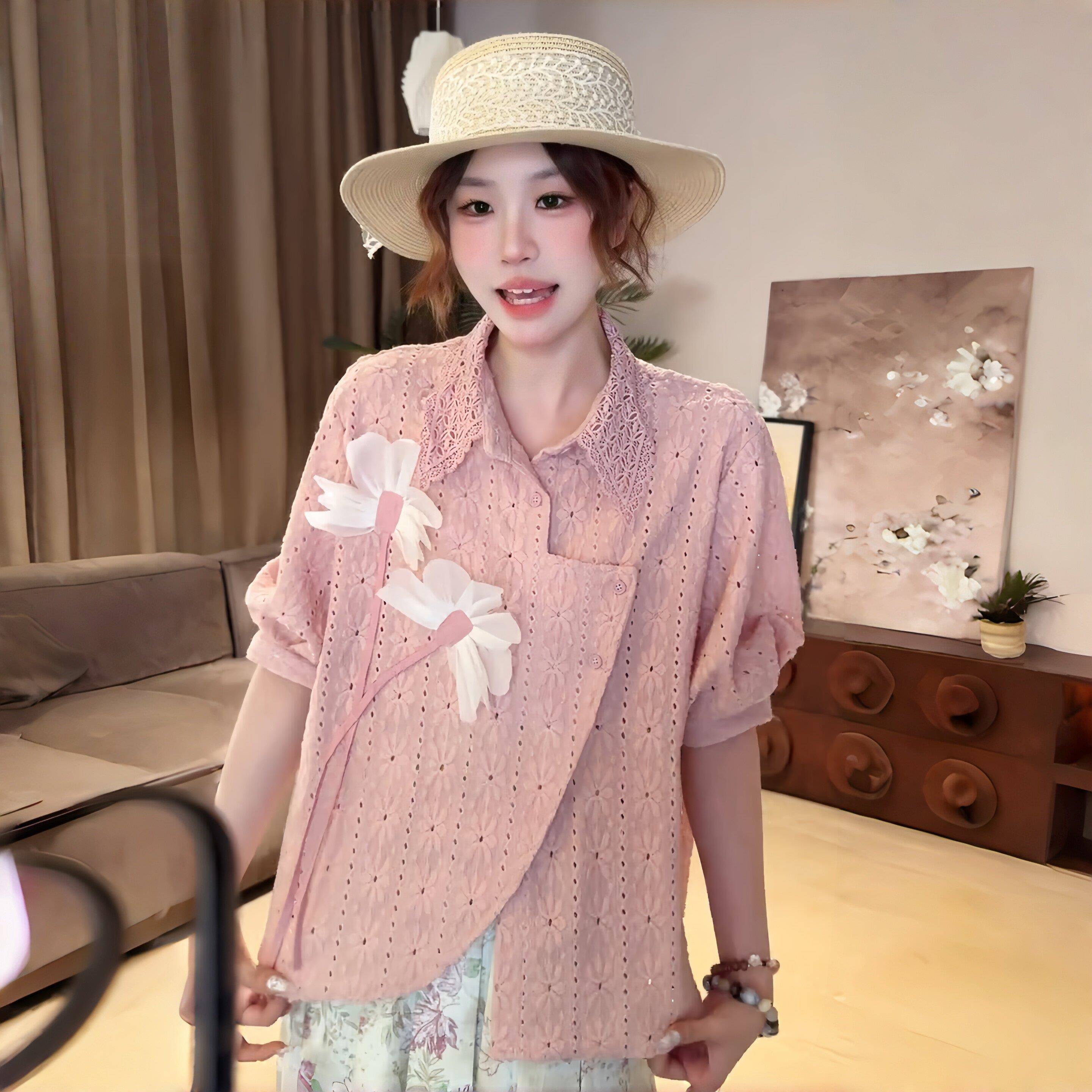 极速甜美温柔风钩花镂空短袖衬衫女高级感轻奢减龄洋气小衫2026年