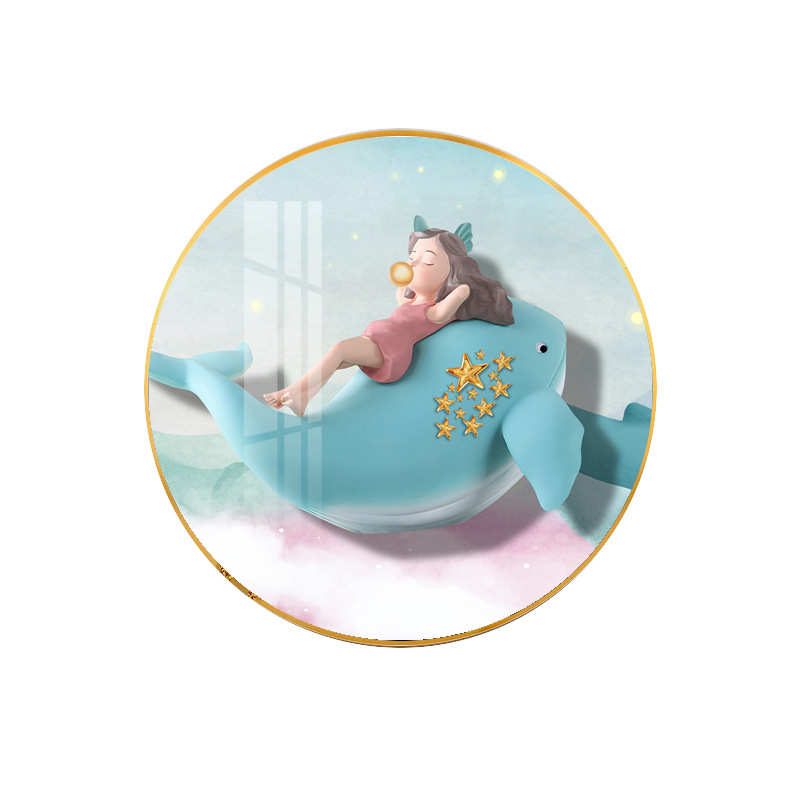 海豚圆形高档简约可爱壁画墙面儿童女孩晶挂画装饰画瓷画现代房图片