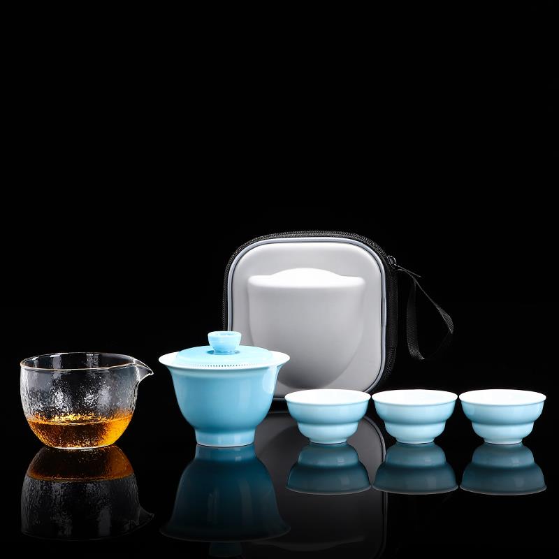 便携式全瓷孔一体茶漏盖碗泡茶杯白瓷三才碗陶瓷户外旅行功夫茶具