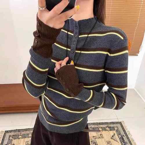 新款洋气秋冬年条纹风撞色高领毛衣长袖修身针织打底上衣1218h