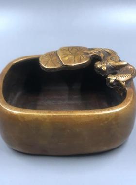 古玩仿古 纯铜烟灰缸砚台文房四宝家居装饰摆件 方形两鱼笔洗