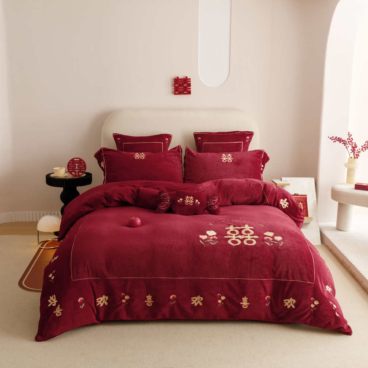 浪漫婚庆加厚230g牛奶绒四件套冬季红色结婚保暖被套床单床上用品