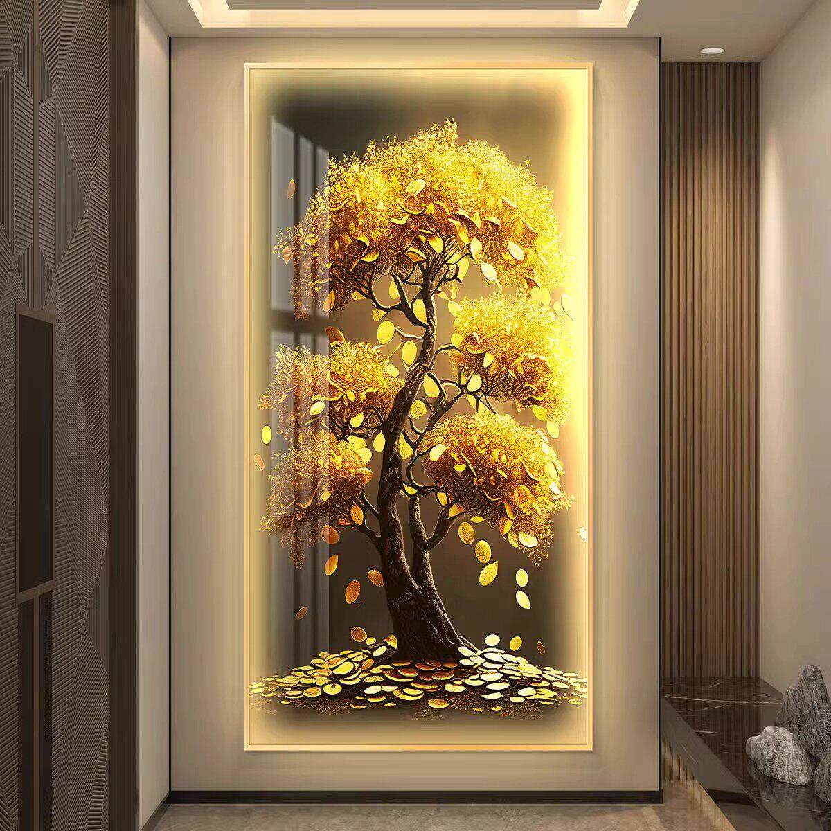 轻奢入户玄关装饰画 画摇钱树led带灯壁画 画简约现代走廊过道竖