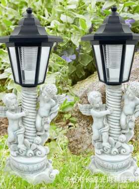 跨境户外太阳能灯柱欧式丘比特摆件庭院花园别墅草坪灯树脂工艺品