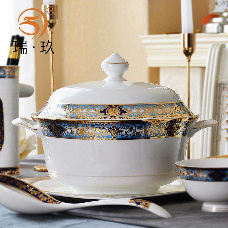 骨瓷品锅双耳碗公带盖子汤锅家用面 面碗欧式轻奢浮雕餐具汤碗盛