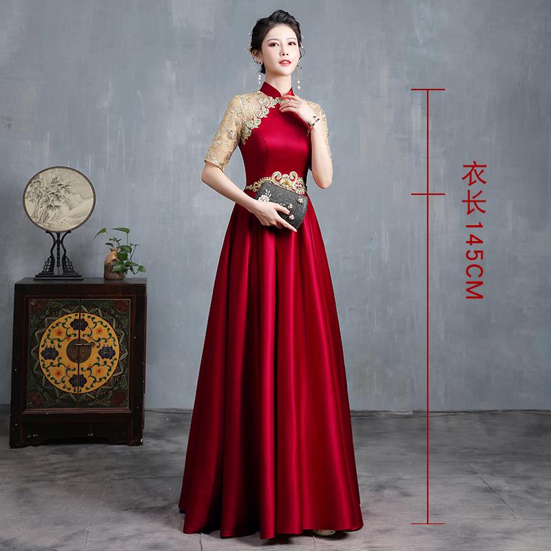 高档酒红色晚礼服裙女主高端大气敬走酒服持人演秀合唱团出服2025