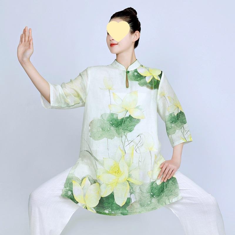太极服女新款棉麻苎麻中袖太极拳练功服女夏季长款八段锦国风