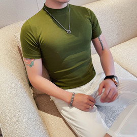 夏季薄款小高领短袖T恤韩版修身弹力男士纯色百搭圆领棉质半袖潮