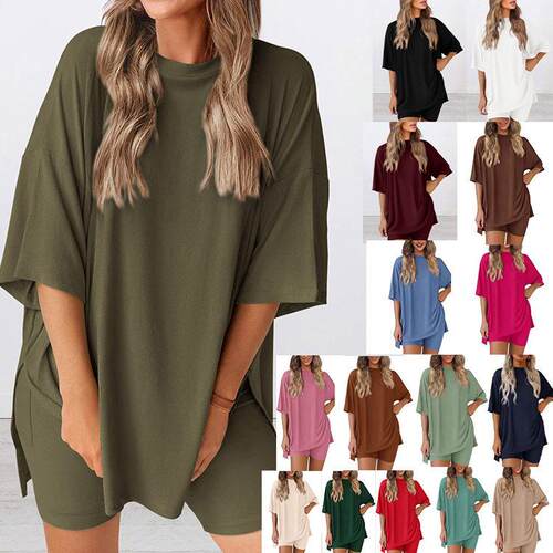 Women's Summer Set Loose Round Neck Slit Shirt & High-Waist