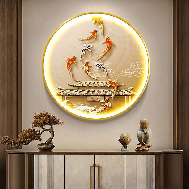 鲤鱼跃龙门入口九鱼图Led灯装饰画轻奢高端挂画入口圆形壁画