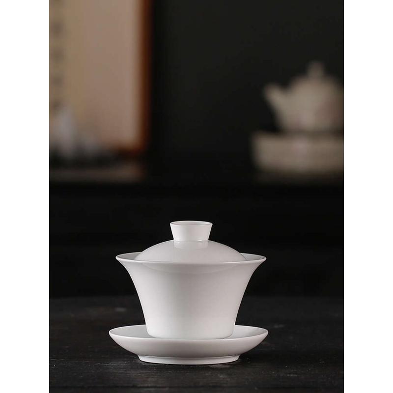 羊脂玉白瓷三才盖碗德化陶瓷大小号功夫茶具敬茶碗茶杯单个泡茶器