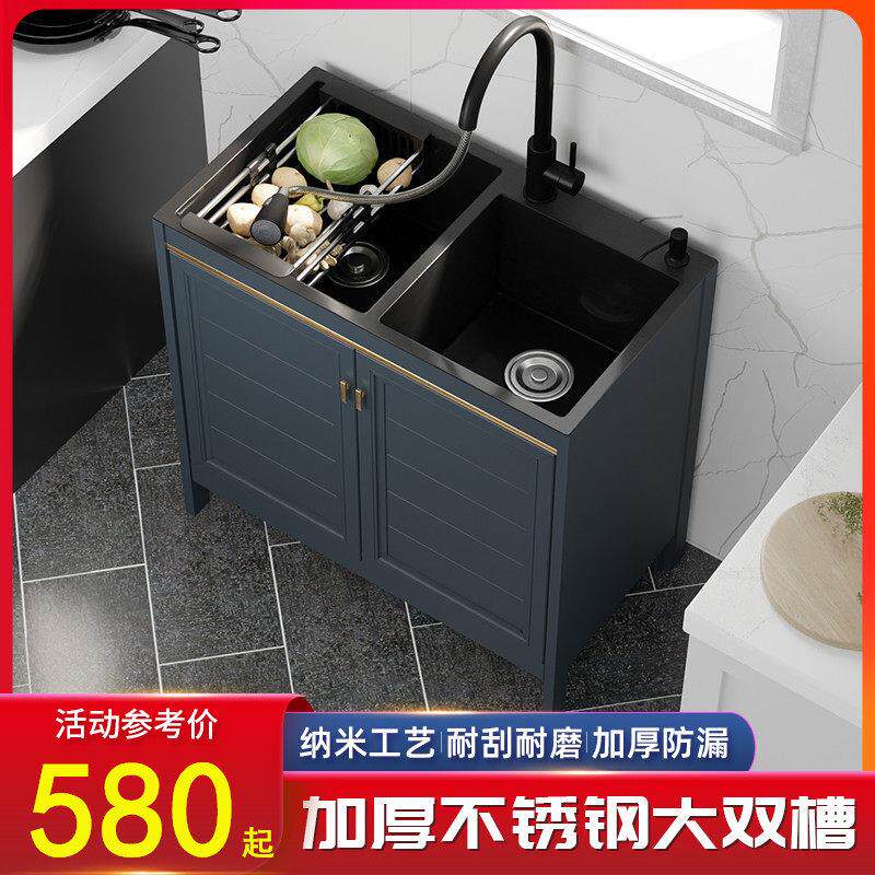 厨房不锈钢洗菜盆加深水槽一体柜双槽洗碗池单槽阳台落地式洗衣池