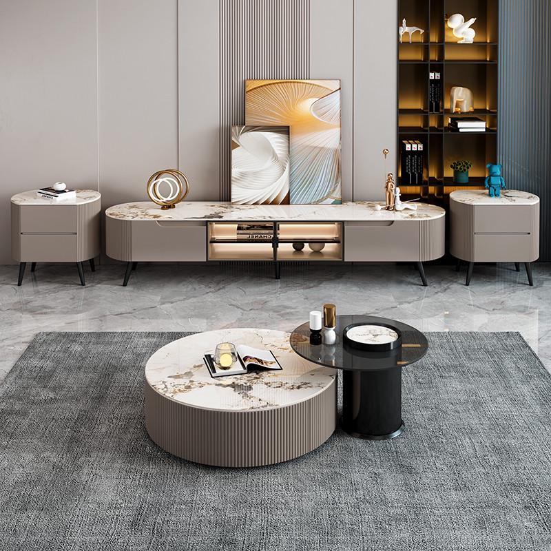 岩板电视柜简约现代客厅实木极简储物地柜圆形轻奢小户型茶几组合