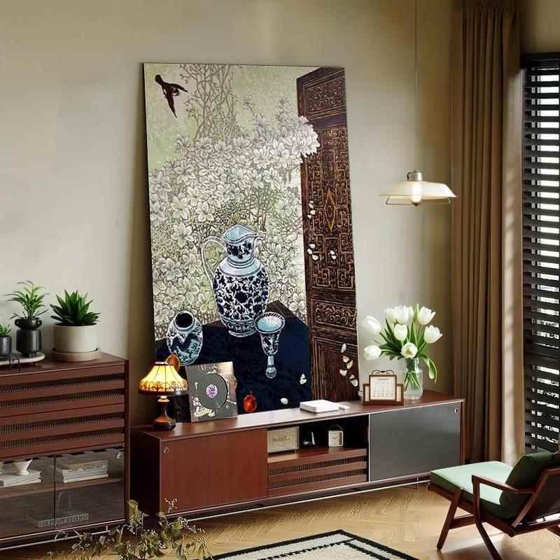 法式中古风装饰画实木卧室床尾书房肌理感摆画客厅挂画青花瓷漆画图片