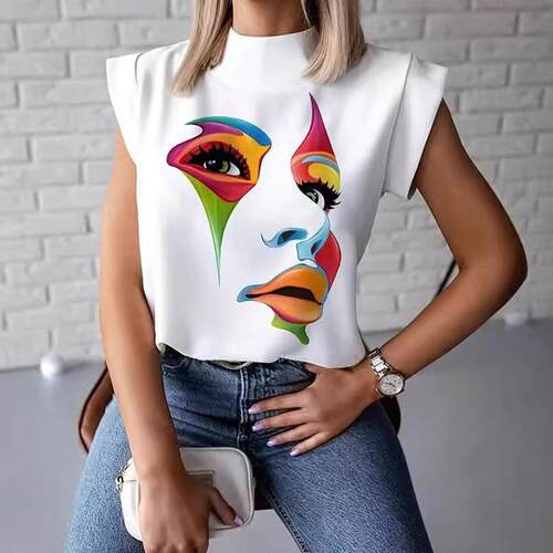 Women's summer comfortable casual cap sleeve loose 3D human