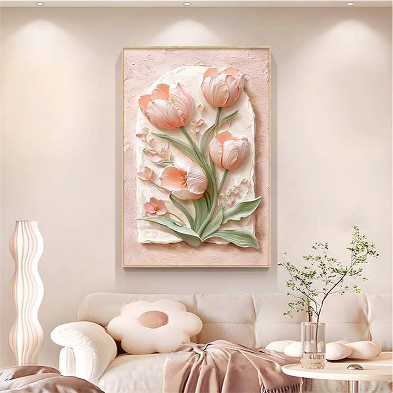 奶油风郁金香客厅装饰画花卉浮雕立体感沙发背景墙挂画玄关墙壁画图片