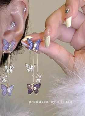 S925银针紫色水晶蝴蝶耳环女轻奢高级感气质简约长款流苏耳坠女