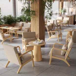 实木休闲风咖啡厅奶茶店民宿休息区桌椅卡座商用洽谈接待沙发组合