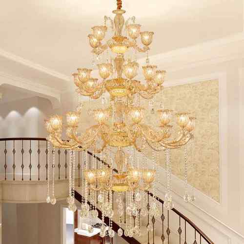 式复式楼欧客厅大吊灯简层约大气别厅墅楼240中楼水晶灯大跃长吊