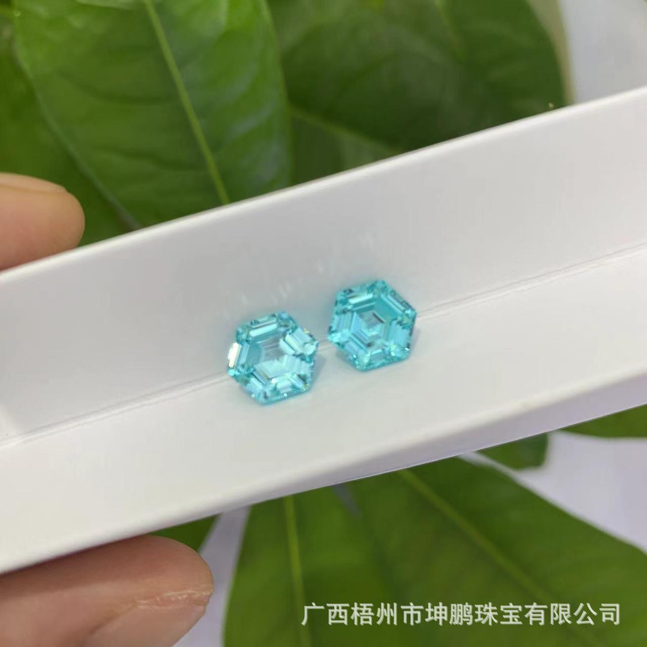 源头厂家霓虹蓝帕拉伊巴碧玺实验室培育蓝宝石湖水蓝六边形裸石