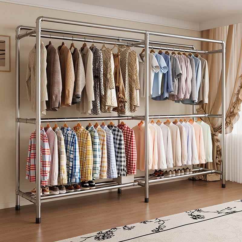 新款镀锌钢管晾衣架落地立式卧室阳台简易铁艺衣架双杆衣简易衣柜