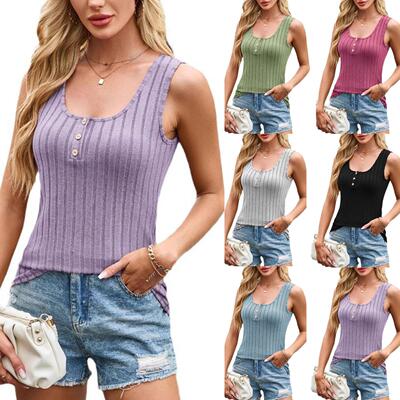 Women's Ribbed Knit Henley Tank Top Sleeveless Scoop Neck