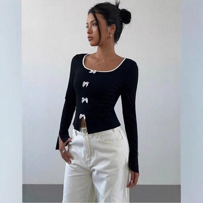 Colorblock Bow Decor Long Sleeve Fitted Tee Casual Top for