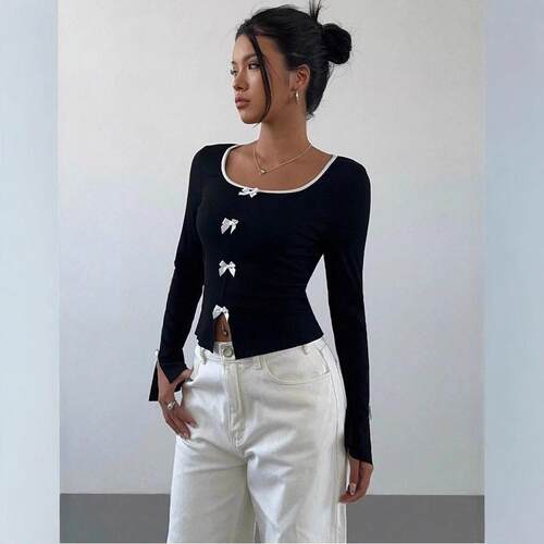 Colorblock Bow Decor Long Sleeve Fitted Tee Casual Top for