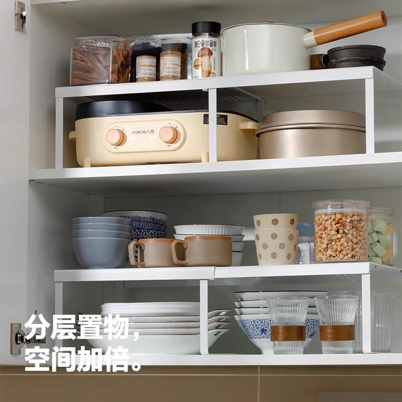 日本可伸缩厨房置物架橱柜分层架隔板碗碟调料锅架柜内收纳架