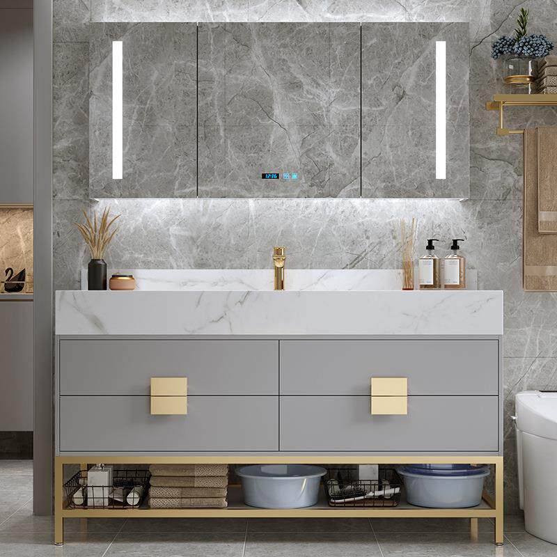 岩板一体现代简约双盆浴室柜组合落地式洗脸洗手池洗漱台盆卫生间