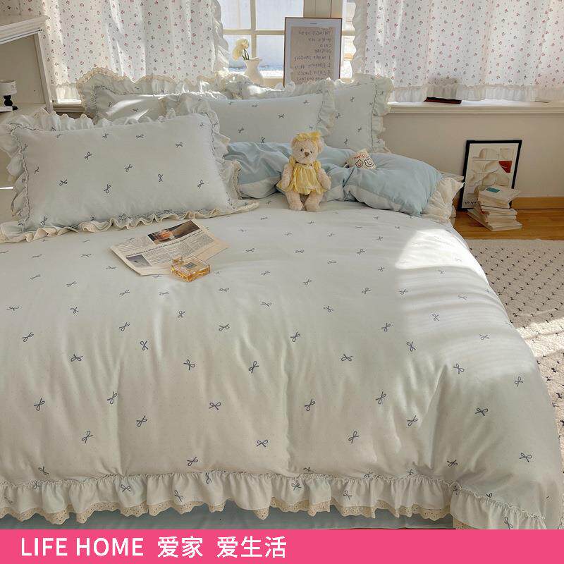 A类双层纱韩版少女心床上四件套公主风蕾丝花边被套床单床裙床品4