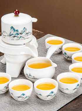 高档羊脂装玉瓷茶懒人功夫具套205新款白瓷自动茶杯家用旋转石磨2