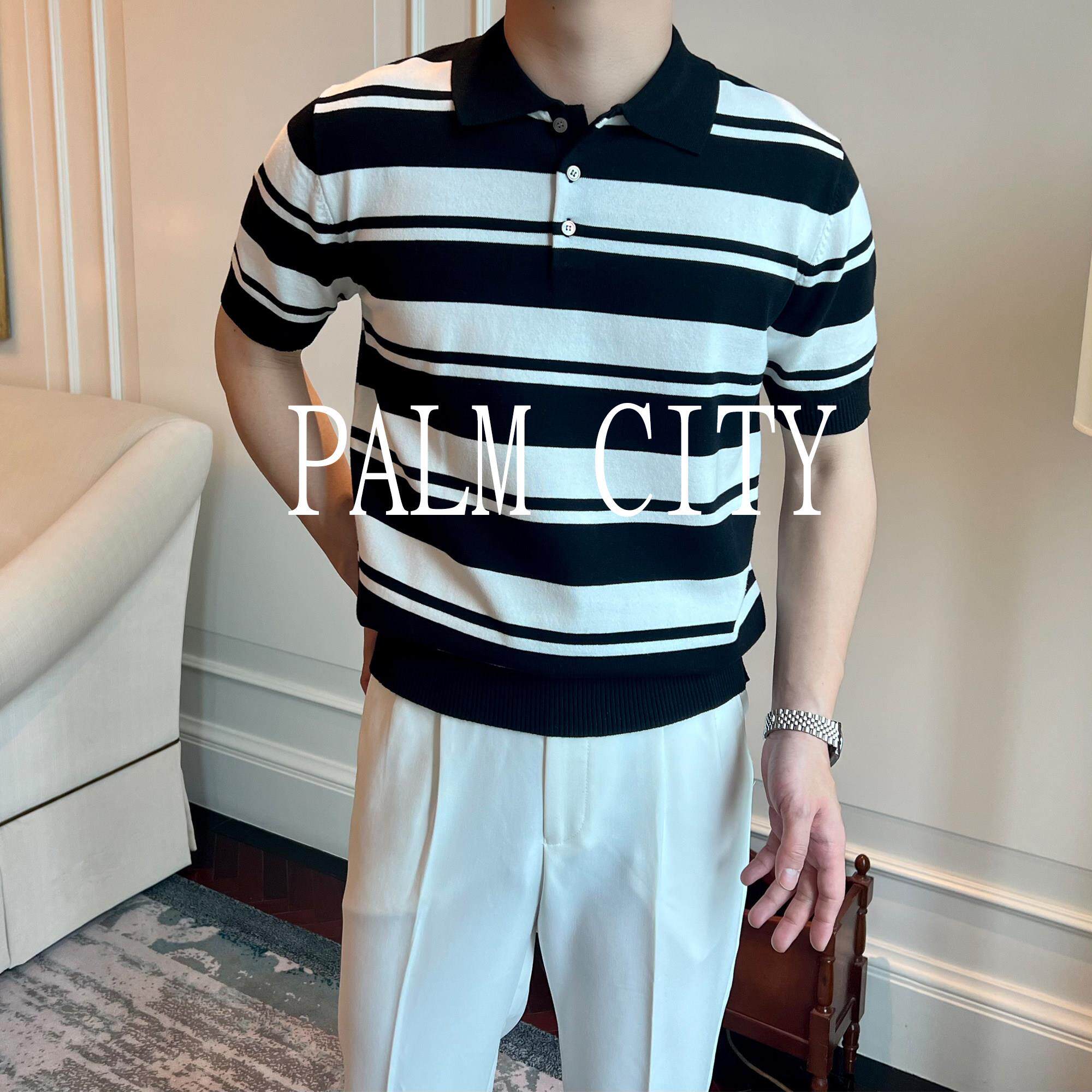 【PALM】短袖男款polo衫 夏季休闲针织T恤 男士时尚修身黑白条纹