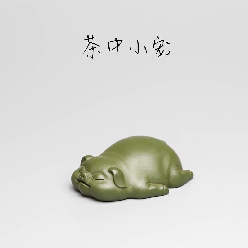 宜兴紫砂绿猪精品手工招财生肖猪可爱福气猪茶宠绿猪雕塑摆件可养