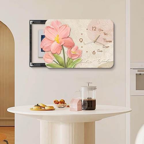 奶油风可电表箱装饰TLE画现爱代约郁简金香带钟表免打客孔遮挡挂