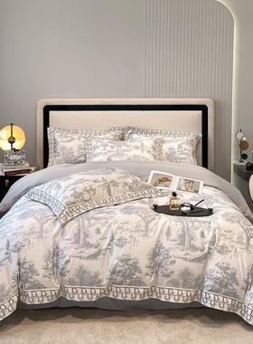 赫本风水墨印花四件套高级感被套床罩印花超柔床单床上用品