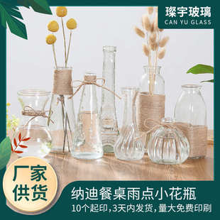 納迪餐桌雨點(diǎn)小花瓶水培植物玻璃插花瓶擺件富貴竹創(chuàng)意麻繩插花器
